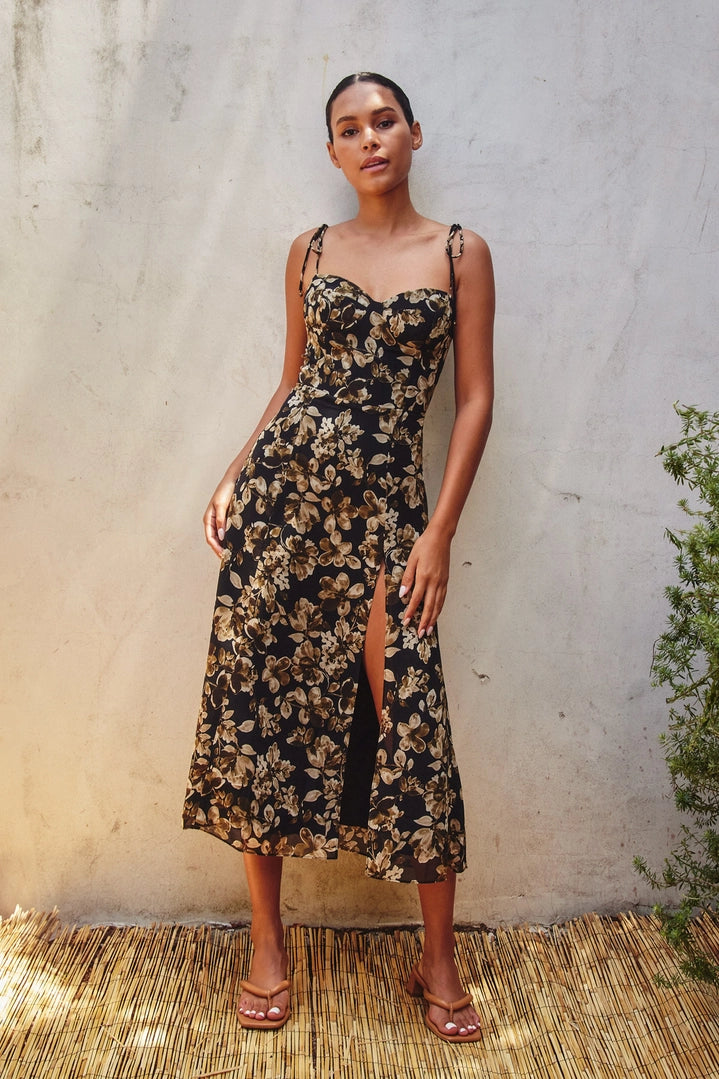 Demetria Floral Sweetheart Tiered Midi Dress