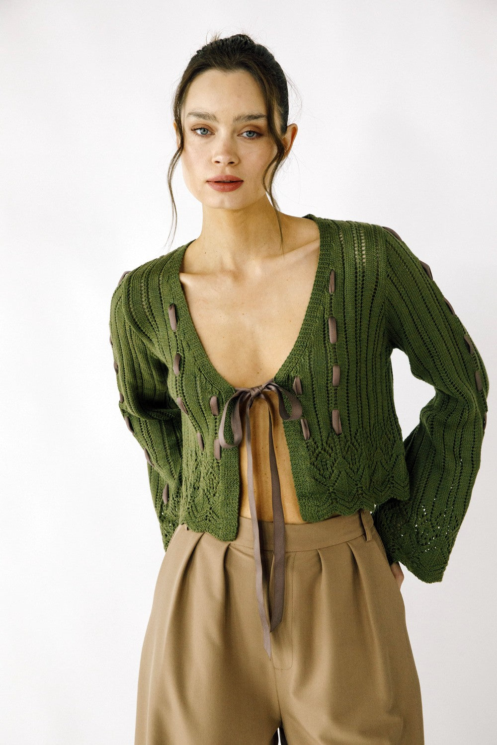 Elvie Olive Laced Ribbon Cardigan