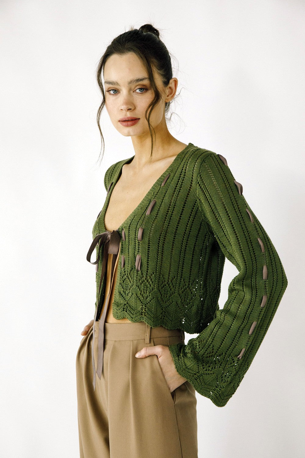 Elvie Olive Laced Ribbon Cardigan