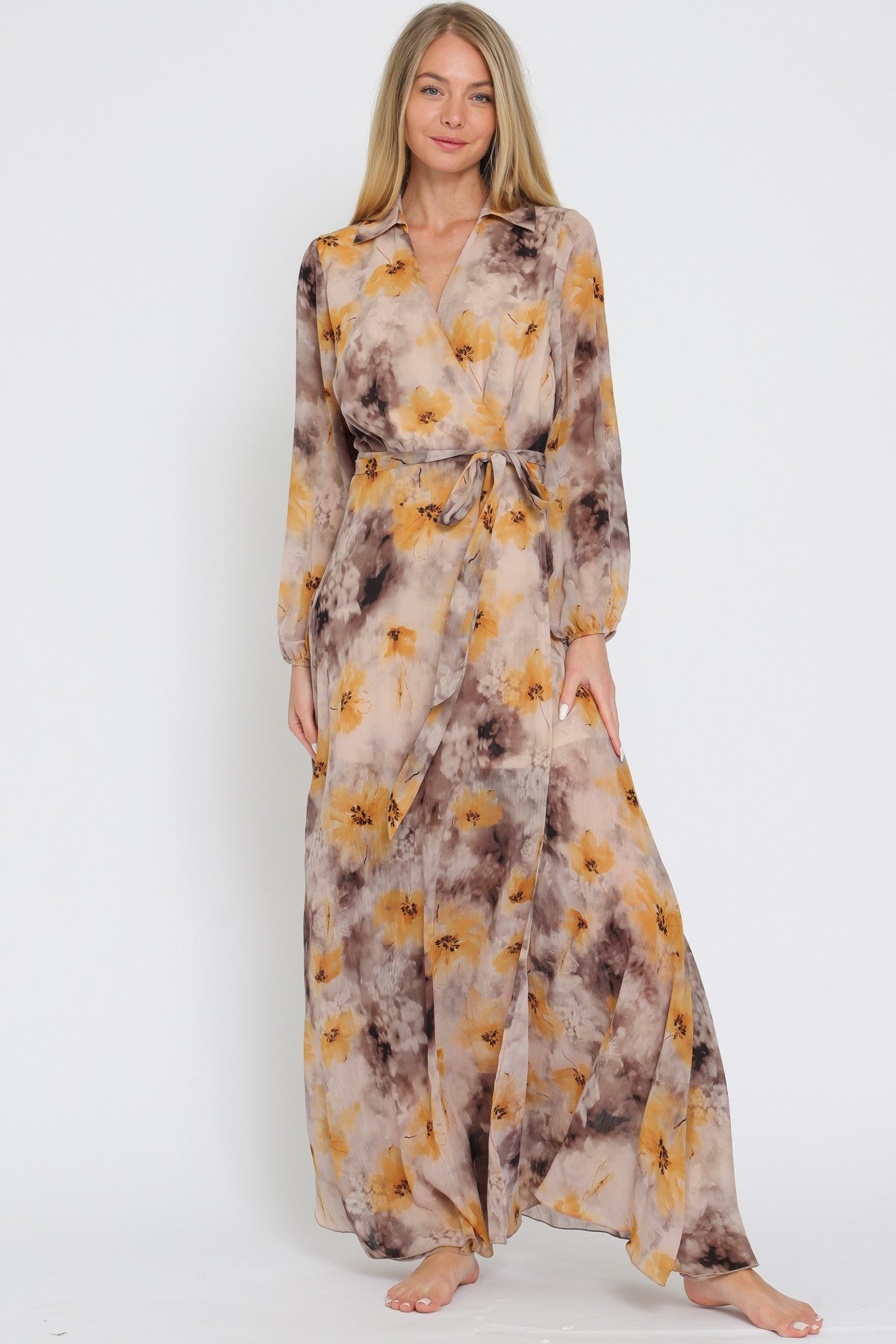 Hazel Long Sleeve Shirt Collar Wrap Maxi Dress