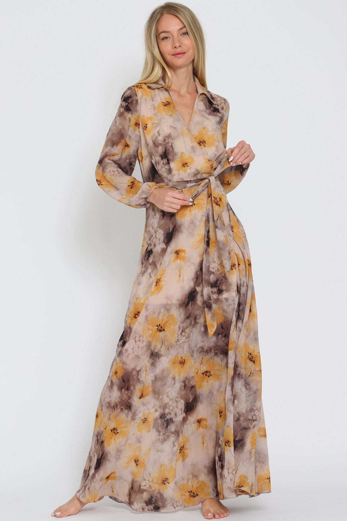 Hazel Long Sleeve Shirt Collar Wrap Maxi Dress