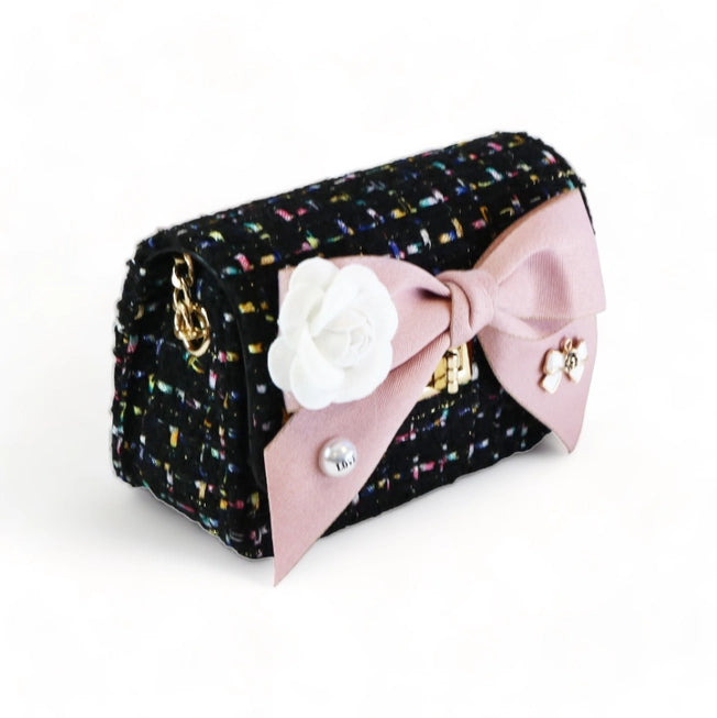 Black Floral Bow Tweed Purse