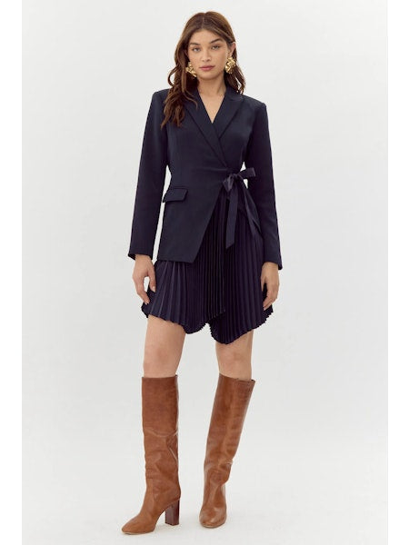 Kiara Tie Waist Pleated Blazer Dress