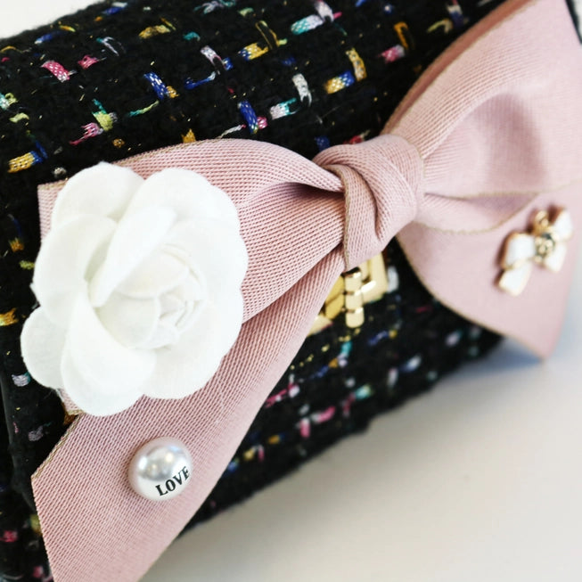 Black Floral Bow Tweed Purse